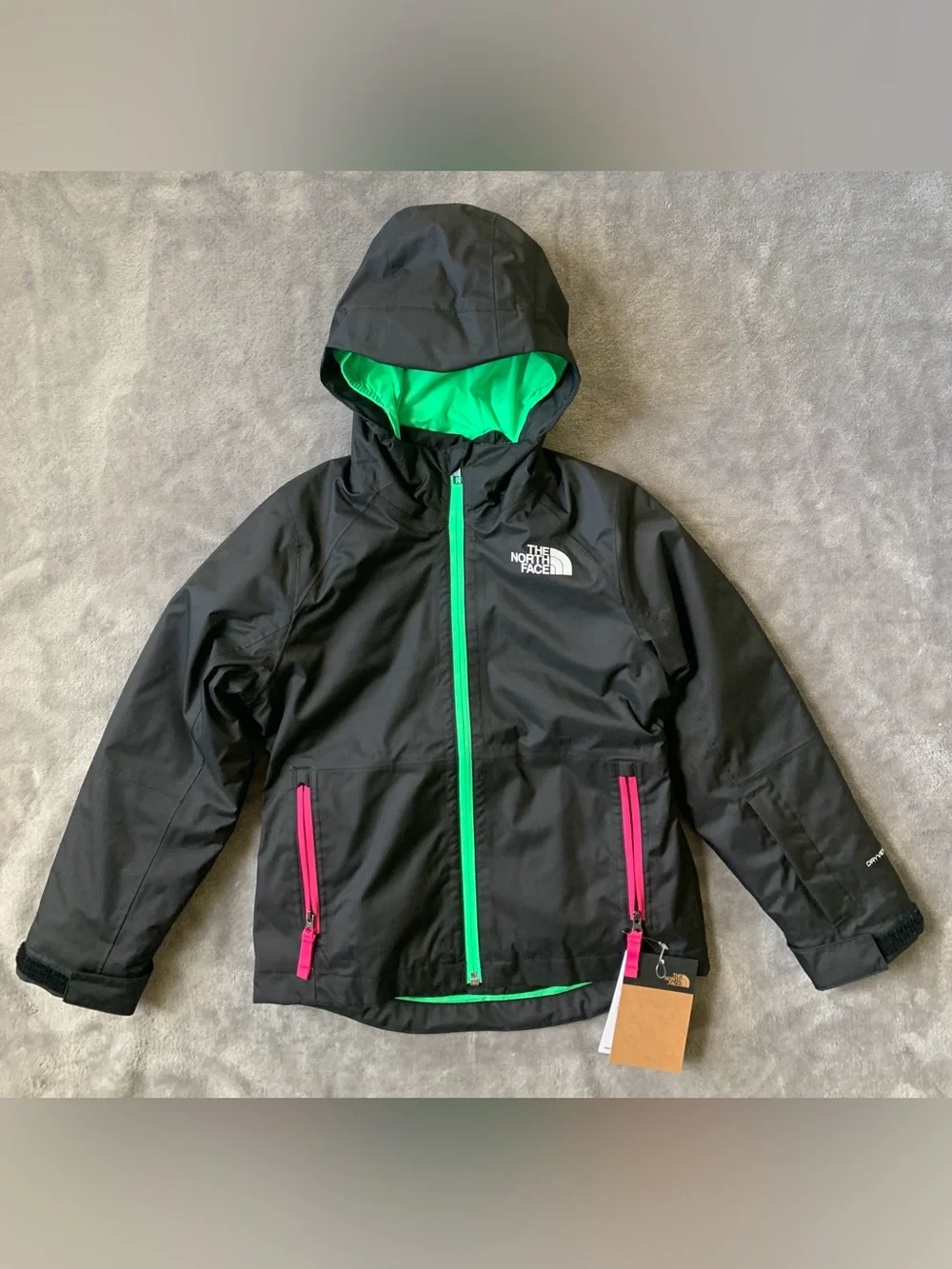 The North Face Black Hooded Jacket with Green Lining & Pink Zippers